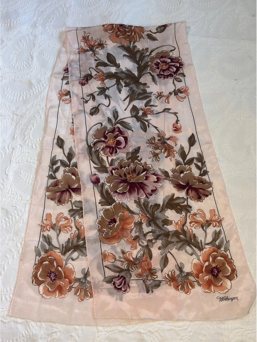 Vintage Worthington Floral Scarf Peach Burgundy Botanical Silky Long Neck Scarf